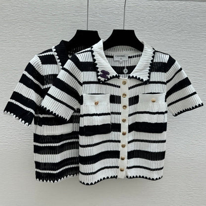 Chanel 2026 Striped Collared Knitted Short-Sleeve Cardigan 170591