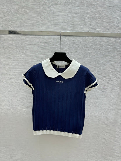 Miumiu 2026 Peter Pan Collar Openwork Knit Short-sleeved Top 220548