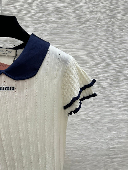 Miumiu 2026 Peter Pan Collar Openwork Knit Short-sleeved Top 220548