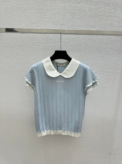 Miumiu 2026 Peter Pan Collar Openwork Knit Short-sleeved Top 220548