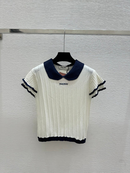 Miumiu 2026 Peter Pan Collar Openwork Knit Short-sleeved Top 220548