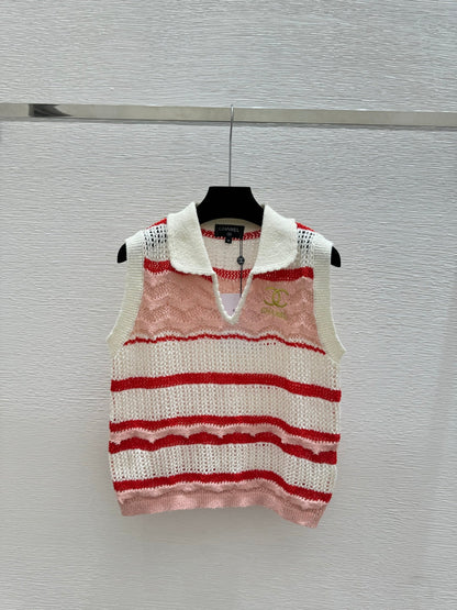Chanel 2026 Striped Openwork Knit Vest Blue and Red Tencel 264033