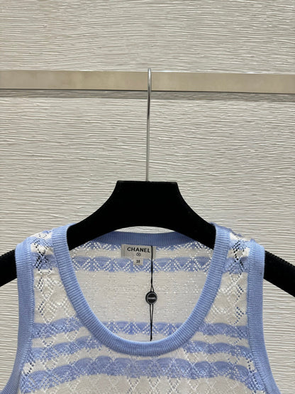 Chanel 2026 Striped Knit Vest Blue and Black Wool Cashmere 368367