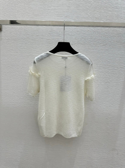 Chanel 2026  Lace Trim Round Neck Knitted Short Sleeve Tencel Wool 294906