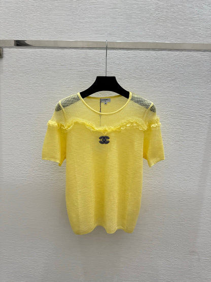 Chanel 2026  Lace Trim Round Neck Knitted Short Sleeve Tencel Wool 294906