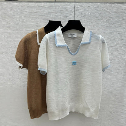 Chanel 2026 Collared Knit Short-sleeved Top Brown White Wool Cashmere 327316