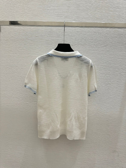Chanel 2026 Collared Knit Short-sleeved Top Brown White Wool Cashmere 327316