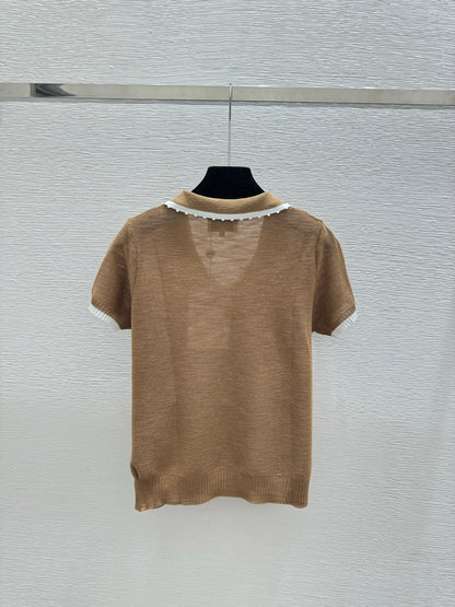 Chanel 2026 Collared Knit Short-sleeved Top Brown White Wool Cashmere 327316