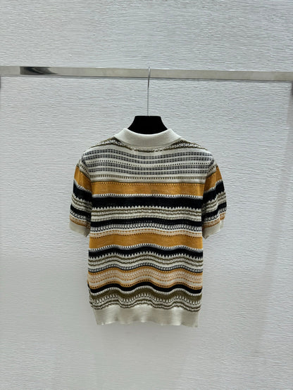 Chanel 2026 Striped Collared Simple Knit Short-Sleeve T-Shirt Wool Nylon 397696