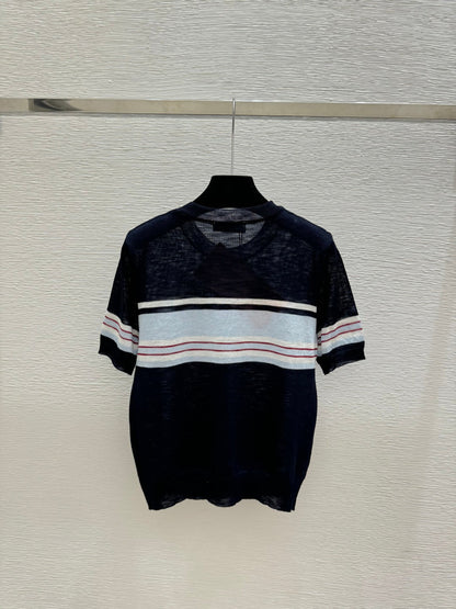 Miumiu 2026 Striped Crew Neck Knitted Short-Sleeve Cardigan Tencel 397728