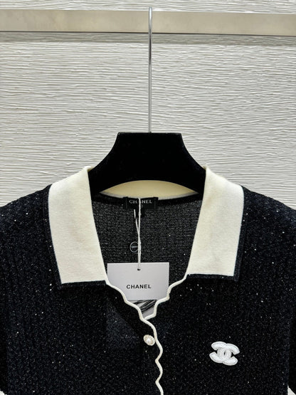 Chanel 2026 Lapel Sequin Knit Short-Sleeve Black Cotton Polyamide 397736