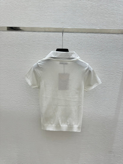 Miumiu 2026 Collar Simple Knit Short-Sleeve White Black Cotton 397738