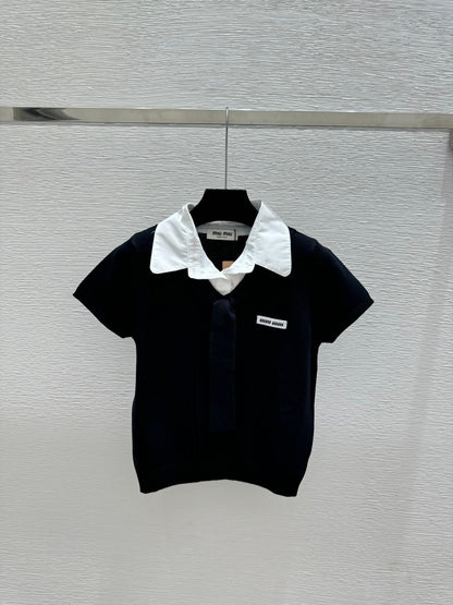 Miumiu 2026 Collar Simple Knit Short-Sleeve White Black Cotton 397738