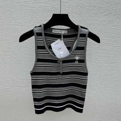 Dior 2026 Striped Crew Neck Knitted Vest Grey Black Wool 452202