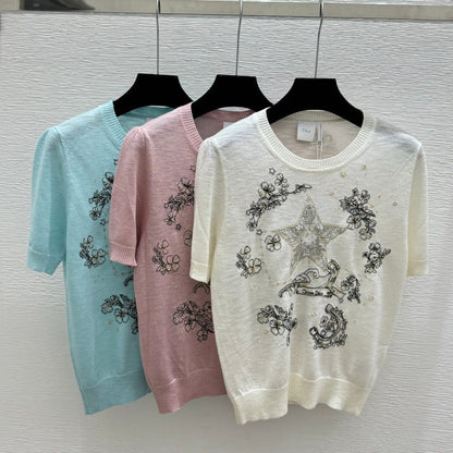 Dior 2026 Short-sleeved Top With Embroidered Five-pointed Star Tencel 497831