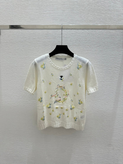 Dior 2026 Floral Embroidered Knit Short-sleeved Top Wool 392593