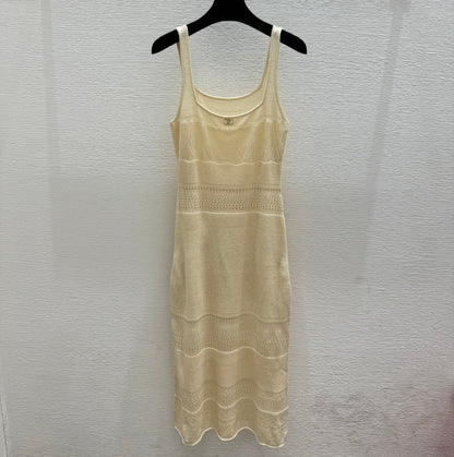 Chanel 2026 Round Neck Knitted Suspender Dress Yellow Linen 516040