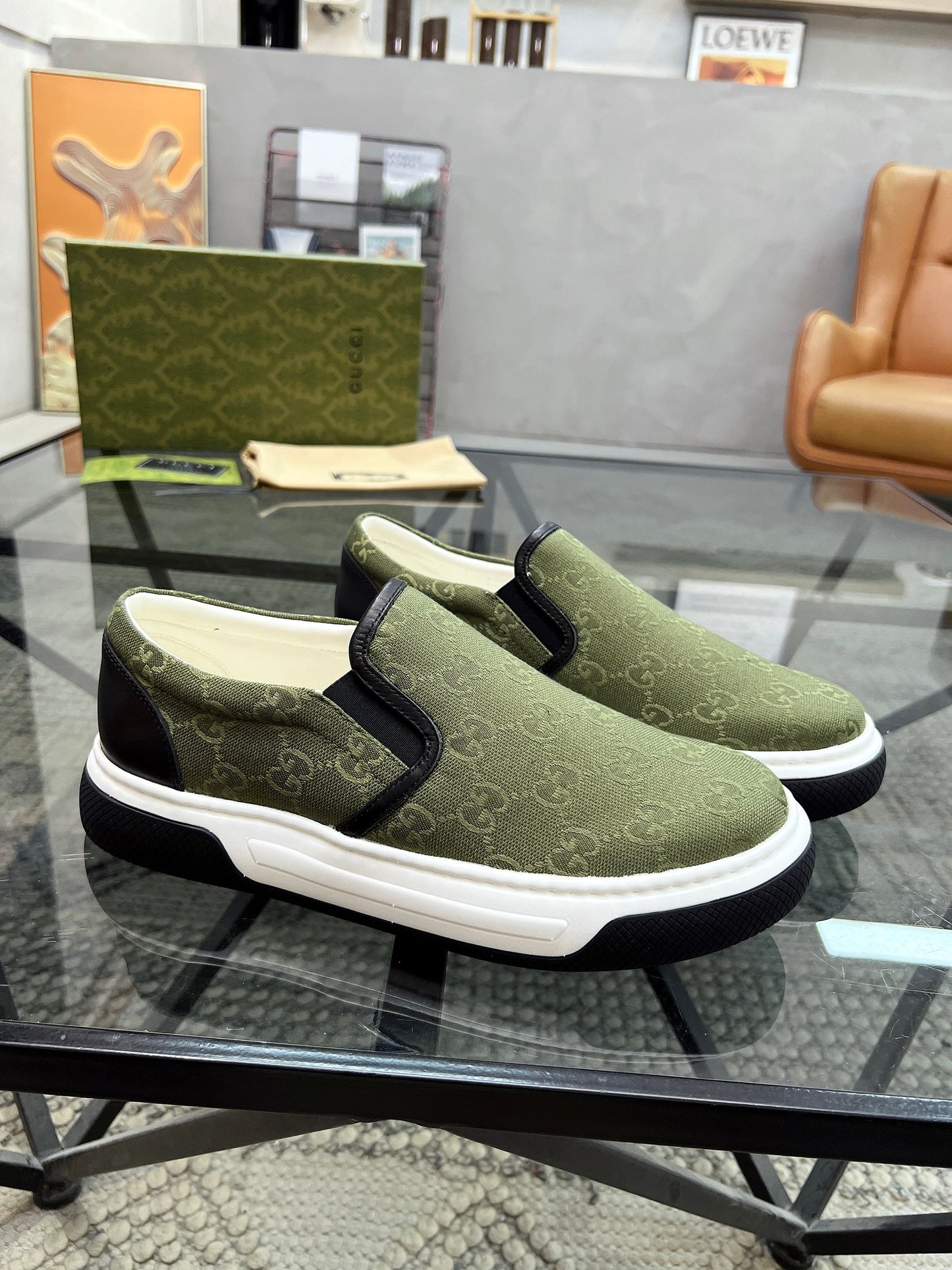 GG Men's Slip on Loafer Olive Green Printed Fabric 721525