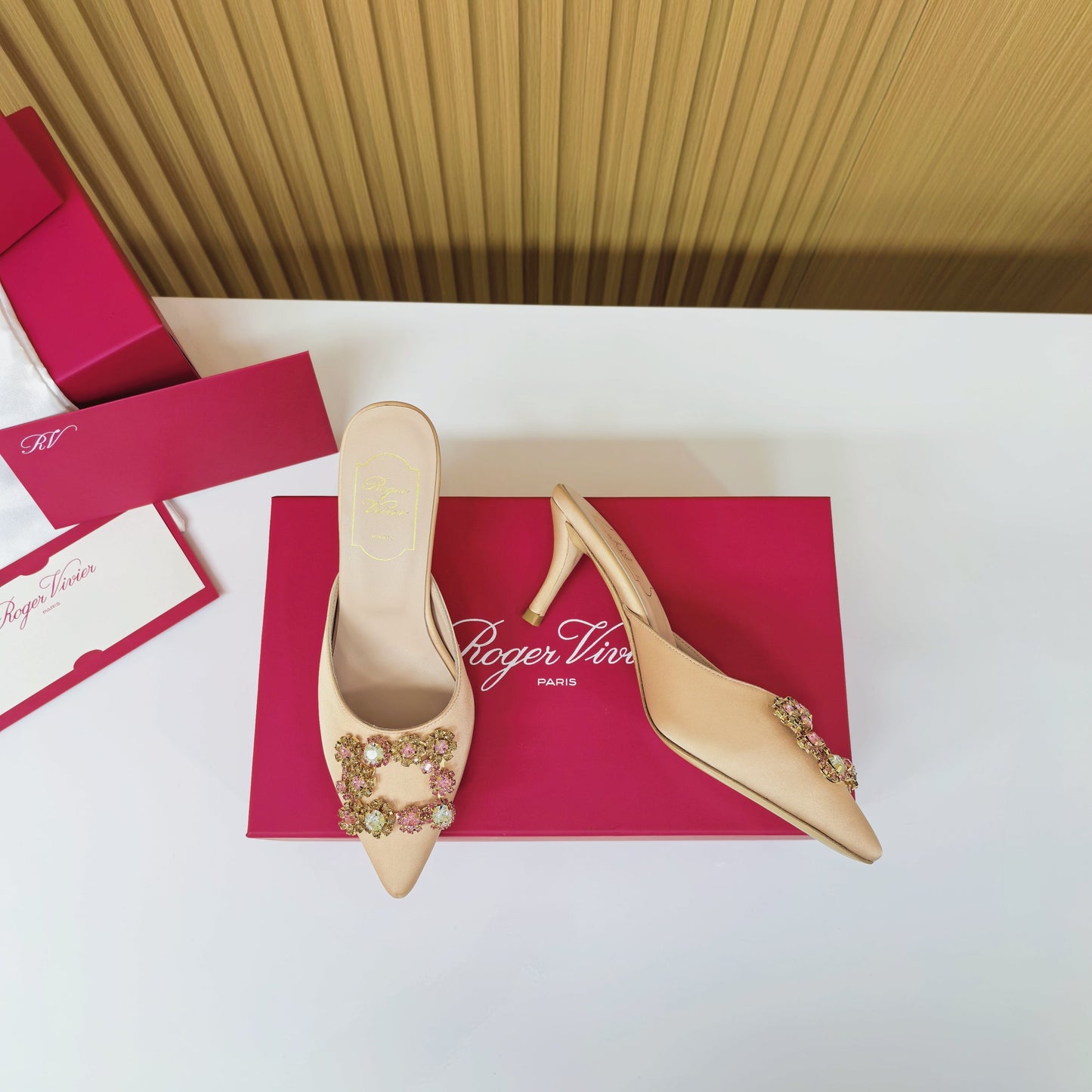 Viv Diamond Mules Champagne Silk 247392