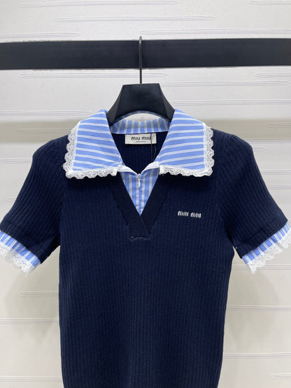 Miumiu 2026 Ribbed Knit Top With Striped Collar Blue Wool 352525