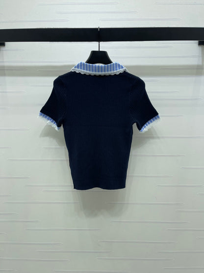 Miumiu 2026 Ribbed Knit Top With Striped Collar Blue Wool 352525