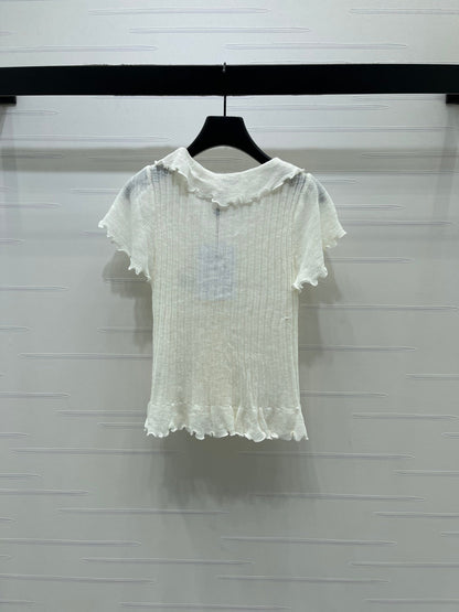 Chanel 2026 Ruffled Knit V-neck Short-sleeved T-shirt White Wool 356523