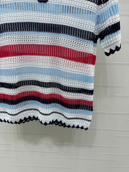 Chanel 2026 Striped Knit Short Sleeve Blue Red Black Tencel 397423