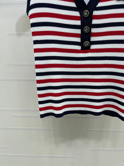 Chanel 2026 Striped Knitted Collared Vest Red White Blue Viscose 397310