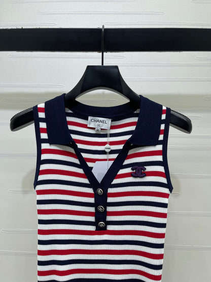 Chanel 2026 Striped Knitted Collared Vest Red White Blue Viscose 397310