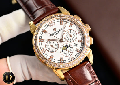 Patek Philippe Annual Calendar 42mm Diamond Benzel Rose Gold Case Brown Leather Strap