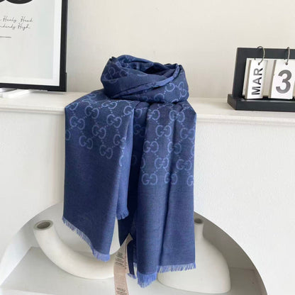 GG Houndstooth Scarf 180CM Blue Cashmere 288128