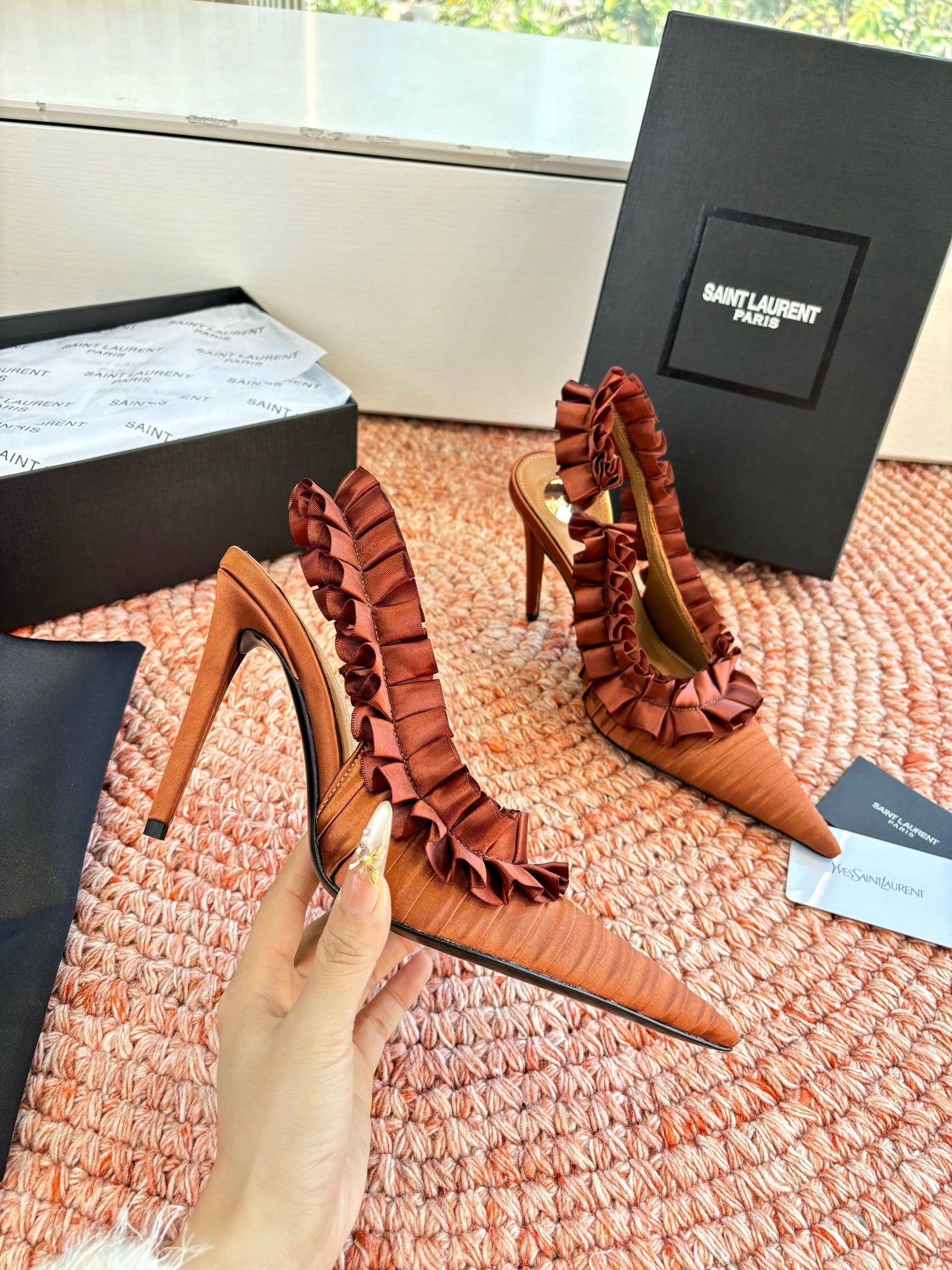 YSL 26ss Slingback Camel Brown Silk Leather  648841