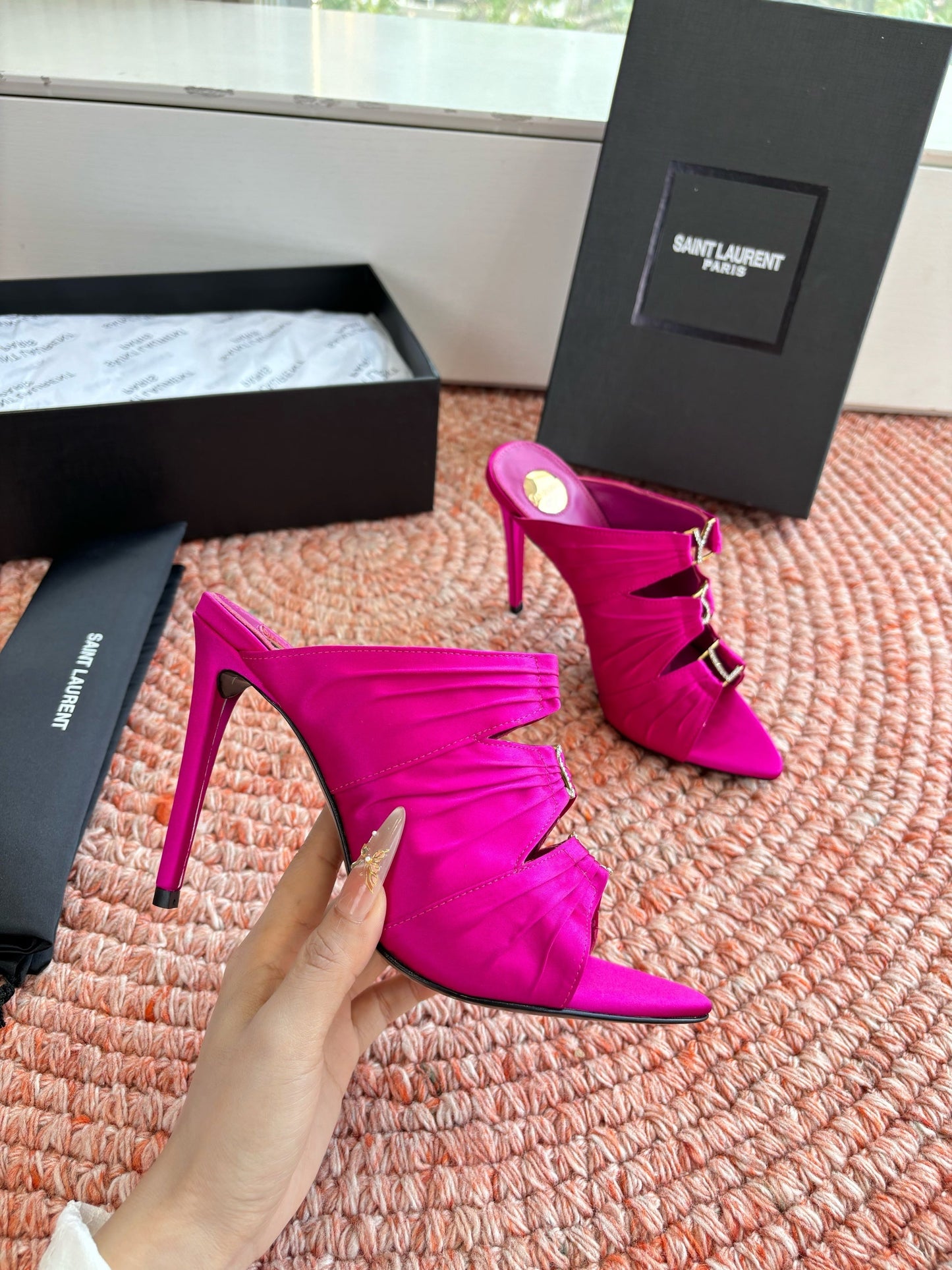 YSL 26ss Pointed High Heels Sandals 110 Fuchsia Pink Silk Leather 648786