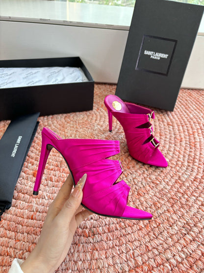 YSL 26ss Pointed High Heels Sandals 110 Fuchsia Pink Silk Leather 648786