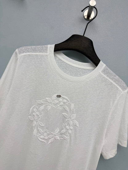 Dior 2026 Floral Embroidery Short-Sleeve T-Shirt White Cotton 392386