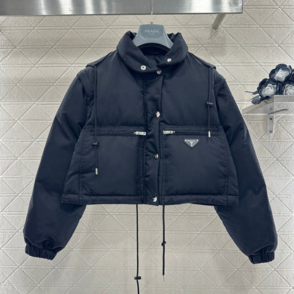 Prada 2025  Cropped Jacket With Detachable Sleeves Black Re-Nylon Down