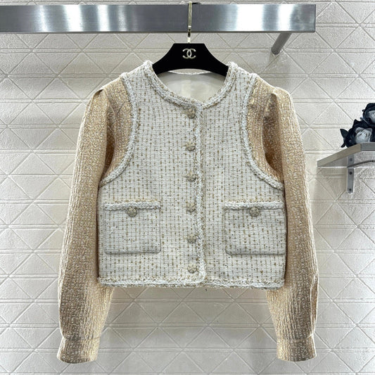 CC 26 Patchwork Vest Jacket Beige White Wool Cotton 331228