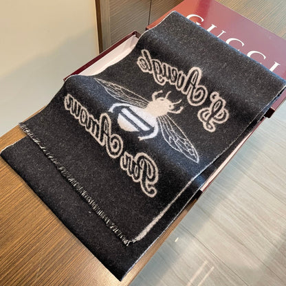 GG Double G Jacquard Scarf 180CM  Black Gray Wool 283098