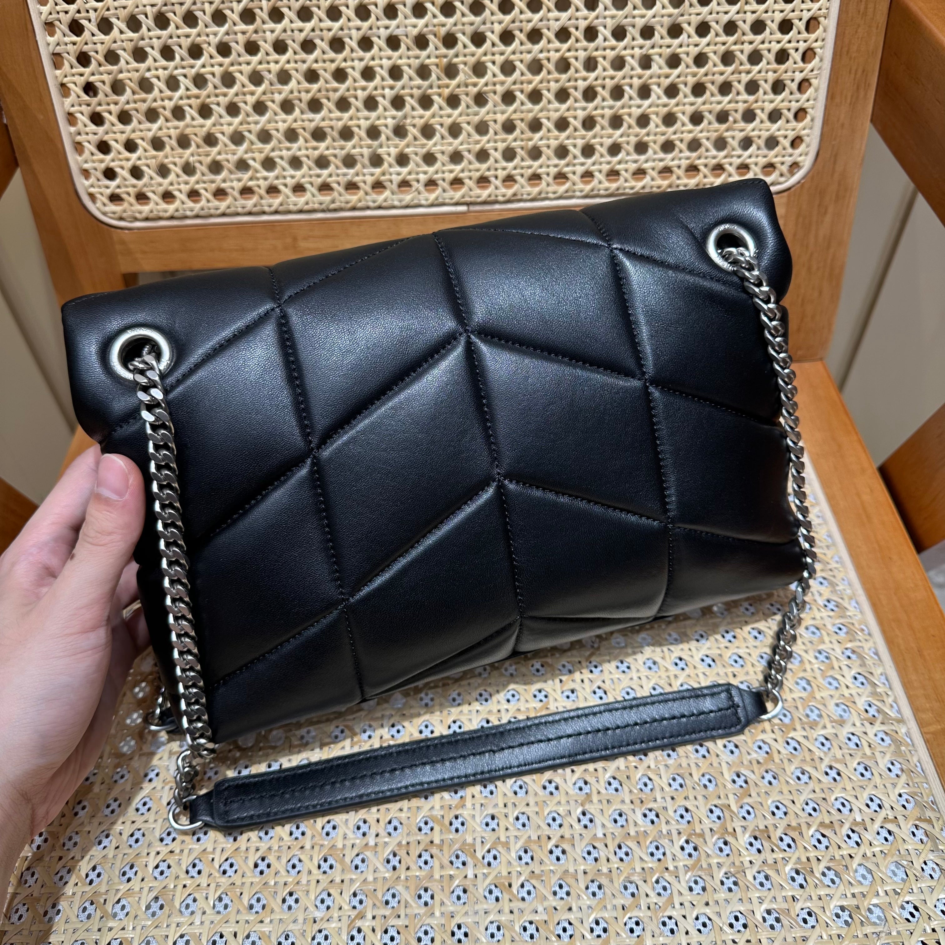 YSL Loulou Puffer Quilted Bag Black Silver Lambskin 338827