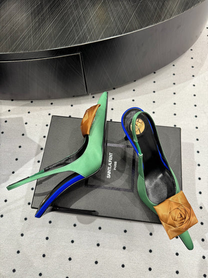 YSL 2026 Amalia Slingback Pump Green Blue Black Satin Leather 278511