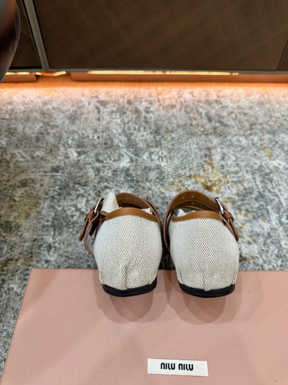 Miumiu 26ss  Ballet Flat Ivory Camel Canvas Cowhide 709811