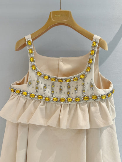 Miumiu 2026 Diamond-Embellished Dress Beige Cotton 444928
