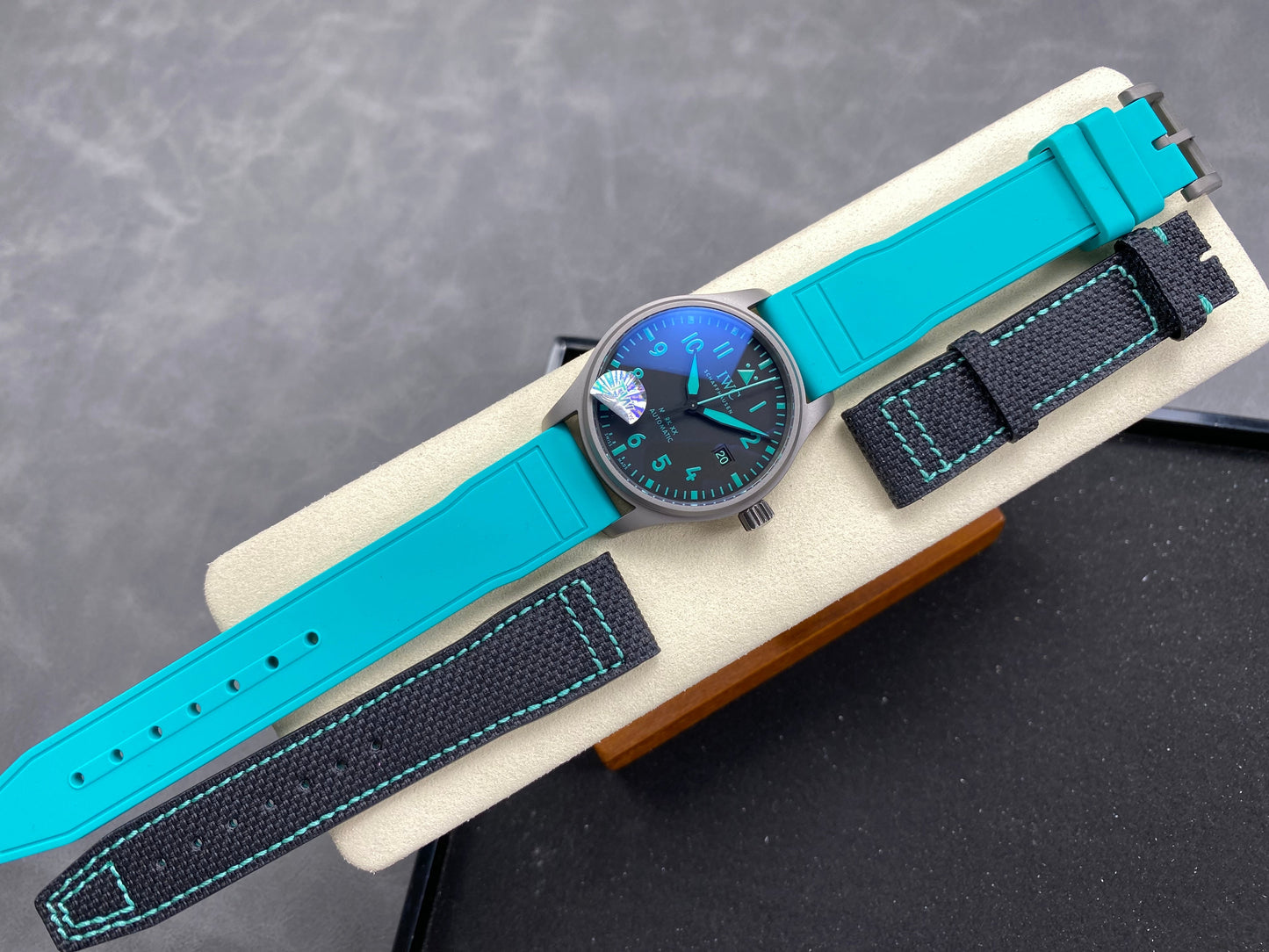 IWC Pilot 40mm Black Dial Gray Case Turquoise Rubber Strap