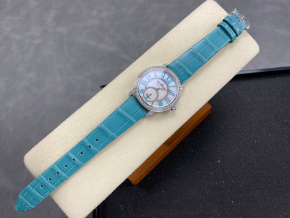 Blancpain's Ladybird 35mm White Blue Dial Diamond Bezel Leather