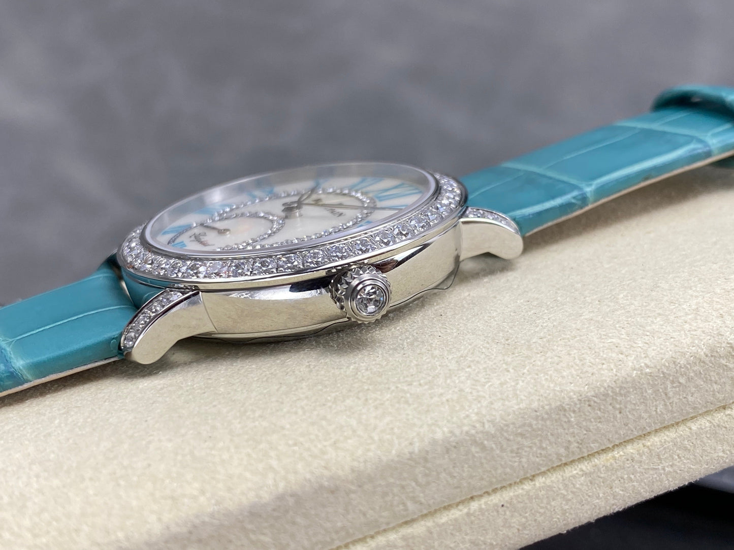 Blancpain's Ladybird 35mm White Blue Dial Diamond Bezel Leather