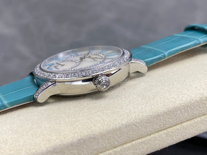 Blancpain's Ladybird 35mm White Blue Dial Diamond Bezel Leather