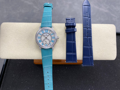 Blancpain's Ladybird 35mm White Blue Dial Diamond Bezel Leather
