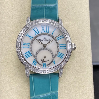 Blancpain's Ladybird 35mm White Blue Dial Diamond Bezel Leather
