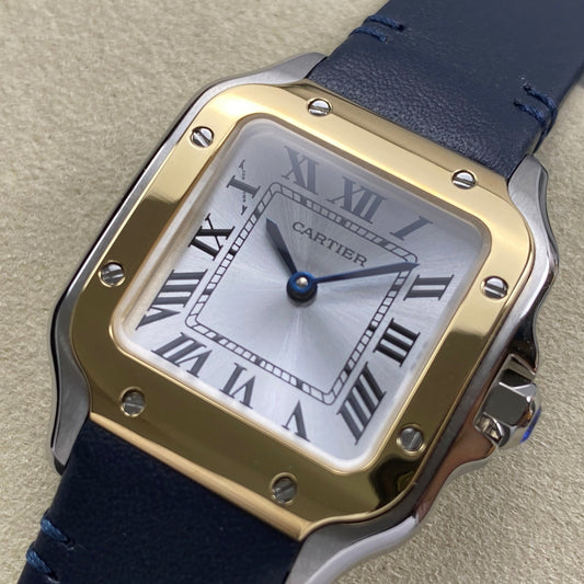 Cartier Santos 35mm White Dial Navy Blue Leather