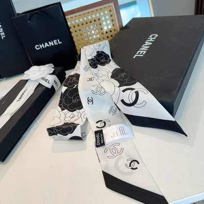 CC  Twilly Mini Scarf 120cm White  Black Mulberry Silk 953291